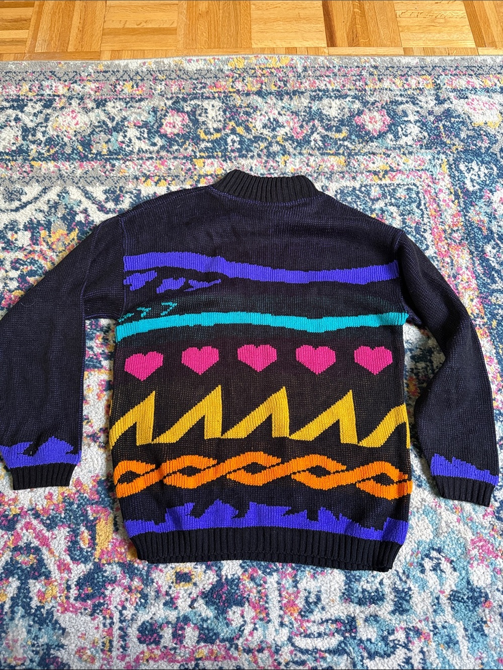 Womens Black Knit Sweater with Colorful Pattern
